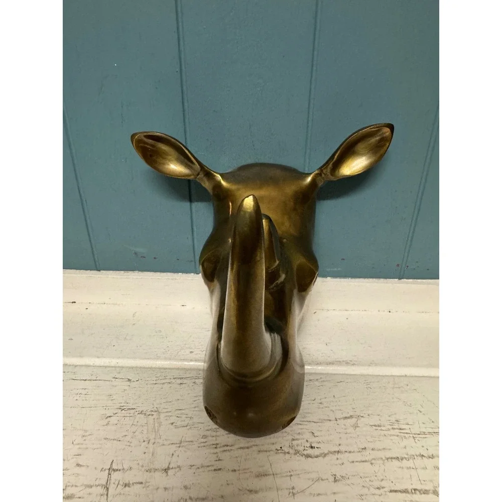 Brass Rhino Head Wall Mount Sculpture Gold Safari‎ Animal Decor coat hanger